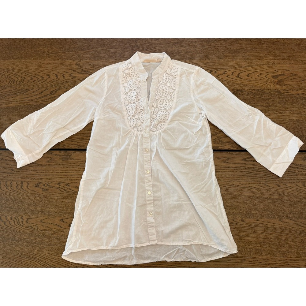 Soft Surroundings White Cotton Lace Bib Tunic Blouse 3/4 Sleeve Small